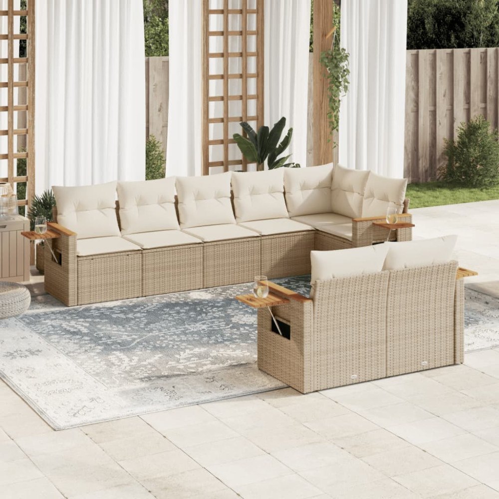 vidaXL Matgrupp för trädgården med dynor 8 delar beige konstrotting