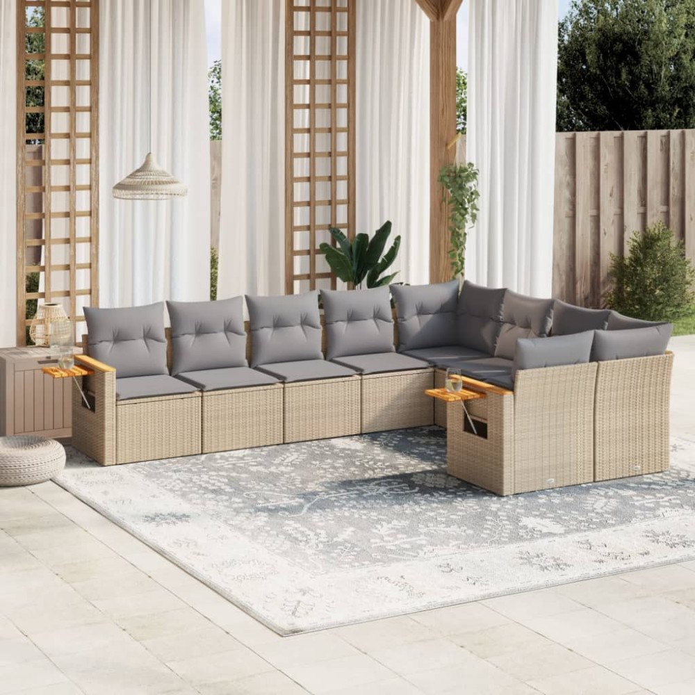 vidaXL Soffgrupp för trädgården med dynor 9 delar beige konstrotting