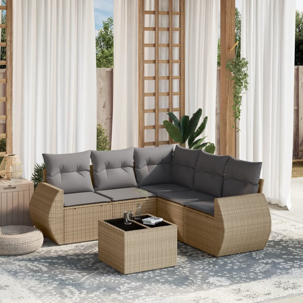vidaXL Soffgrupp för trädgården med dynor 6 delar beige konstrotting