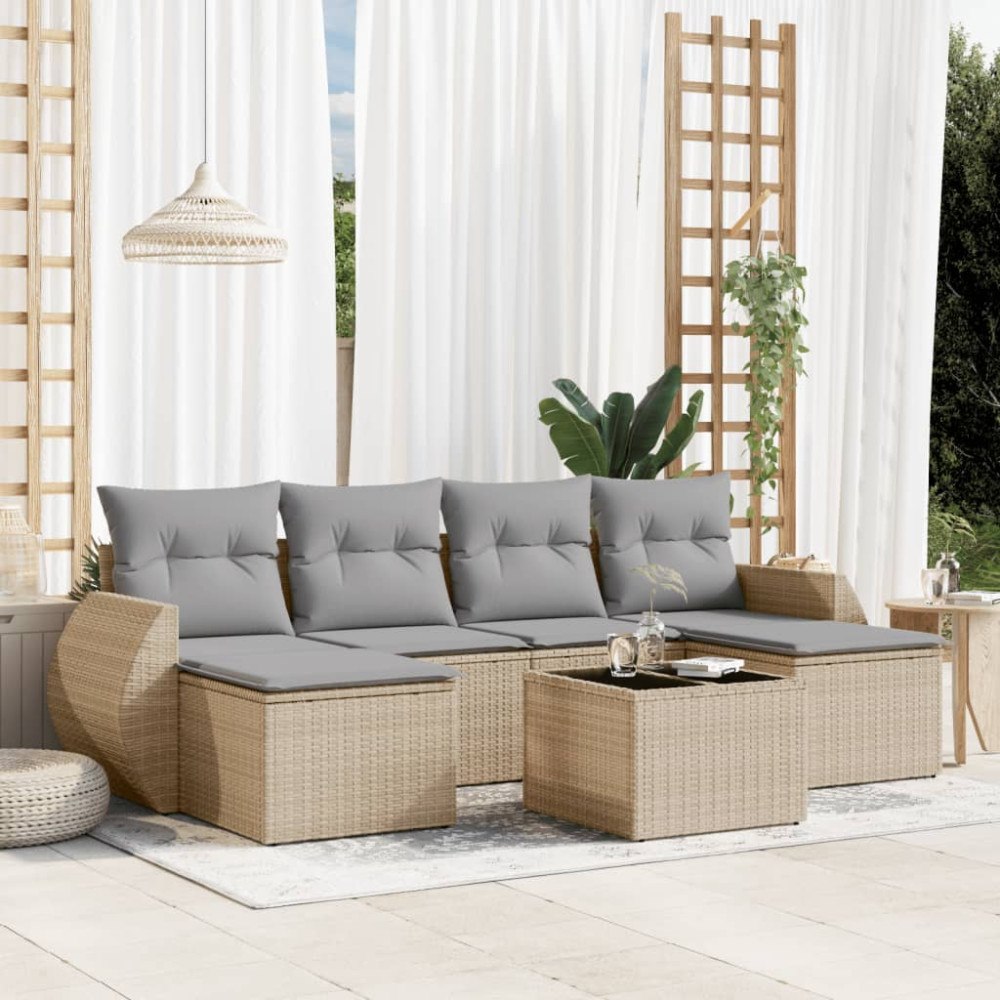 vidaXL Matgrupp för trädgården med dynor 7 delar beige konstrotting
