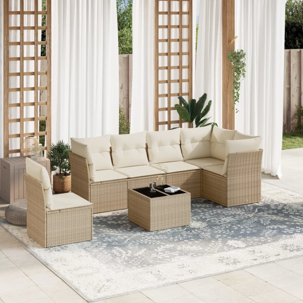 vidaXL Matgrupp för trädgården med dynor 7 delar beige konstrotting