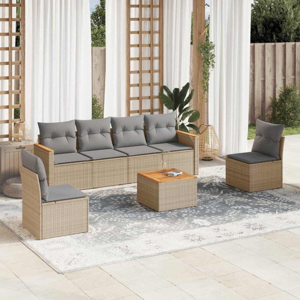vidaXL Matgrupp för trädgården med dynor 7 delar beige konstrotting