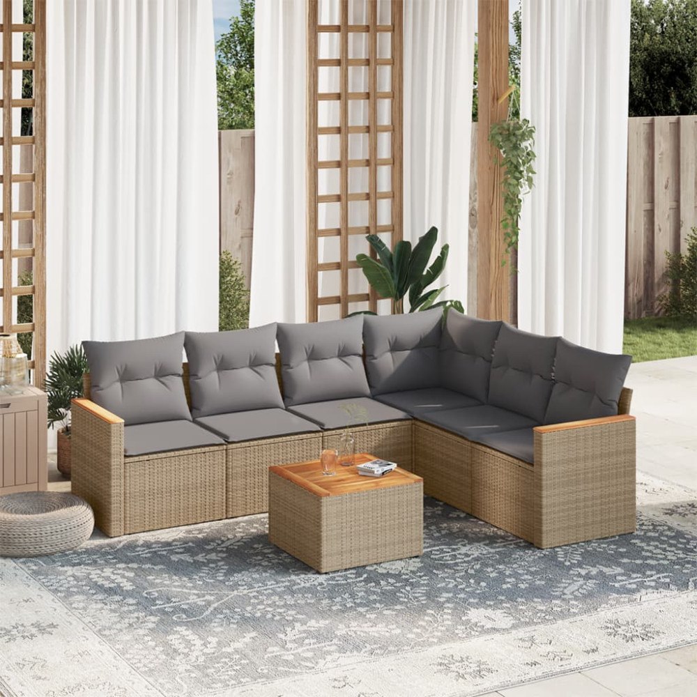 vidaXL Matgrupp för trädgården med dynor 7 delar beige konstrotting