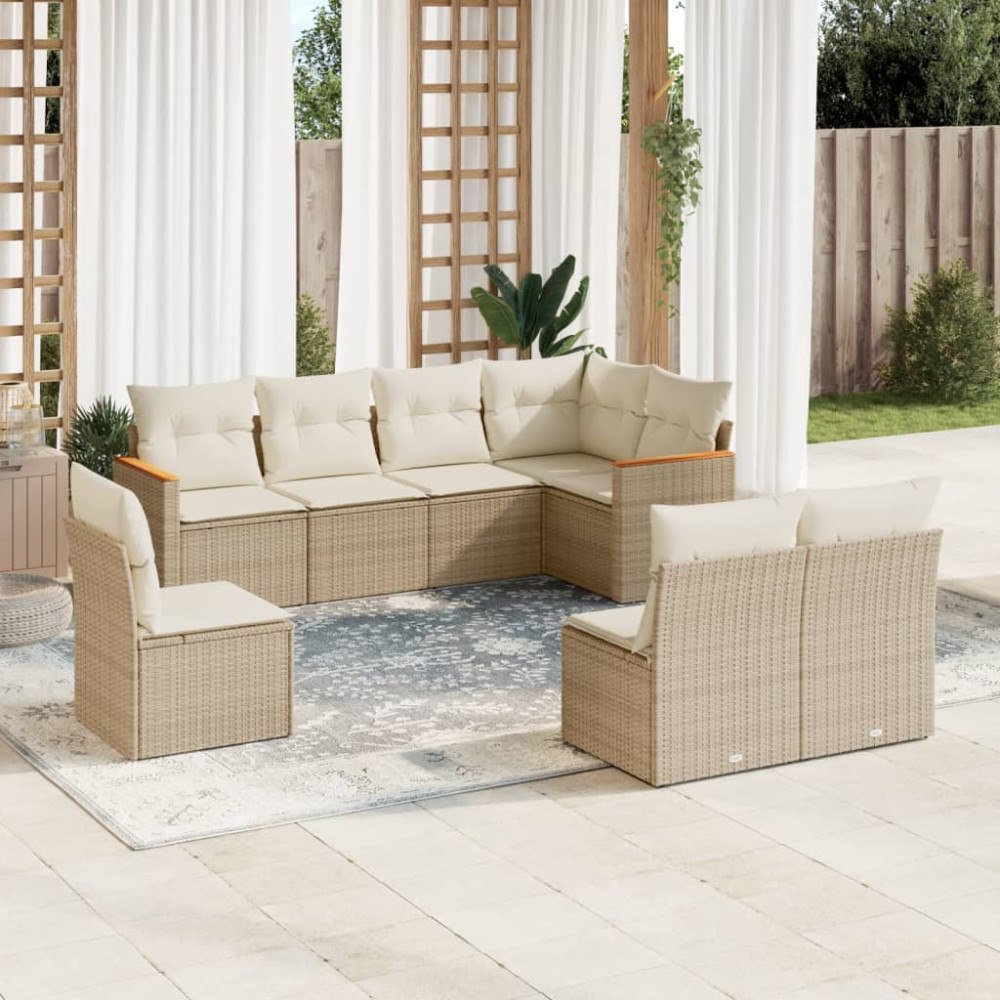 vidaXL Matgrupp för trädgården med dynor 8 delar beige konstrotting