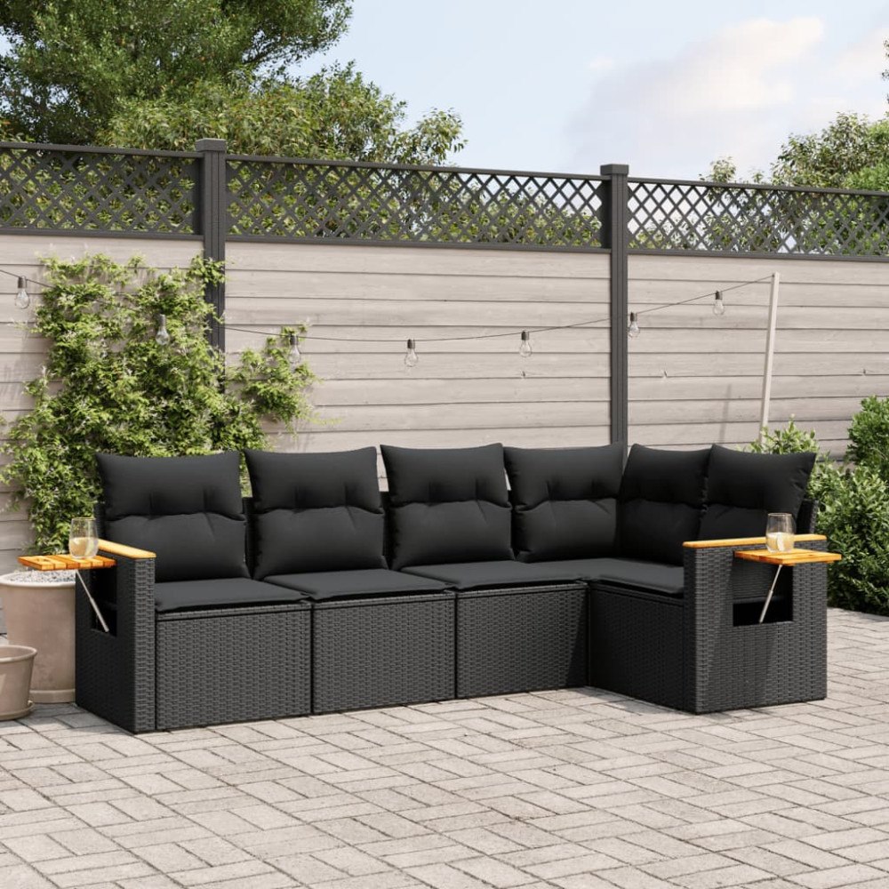 vidaXL Loungegrupp för trädgården med dynor 5 delar svart konstrotting