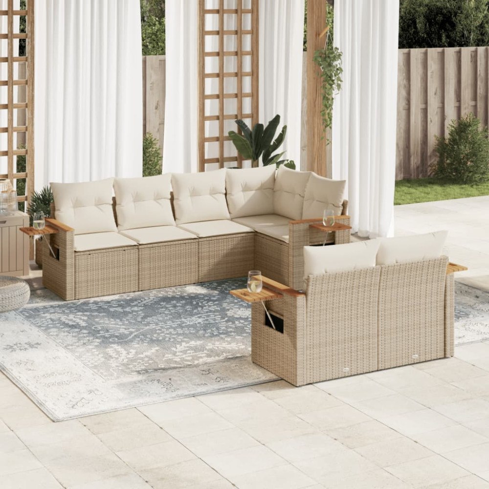 vidaXL Matgrupp för trädgården med dynor 7 delar beige konstrotting