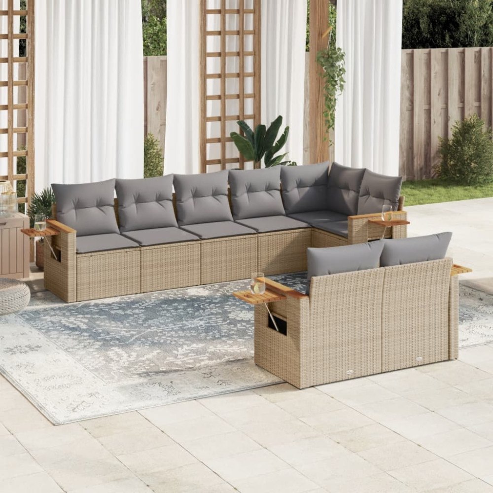 vidaXL Matgrupp för trädgården med dynor 8 delar beige konstrotting