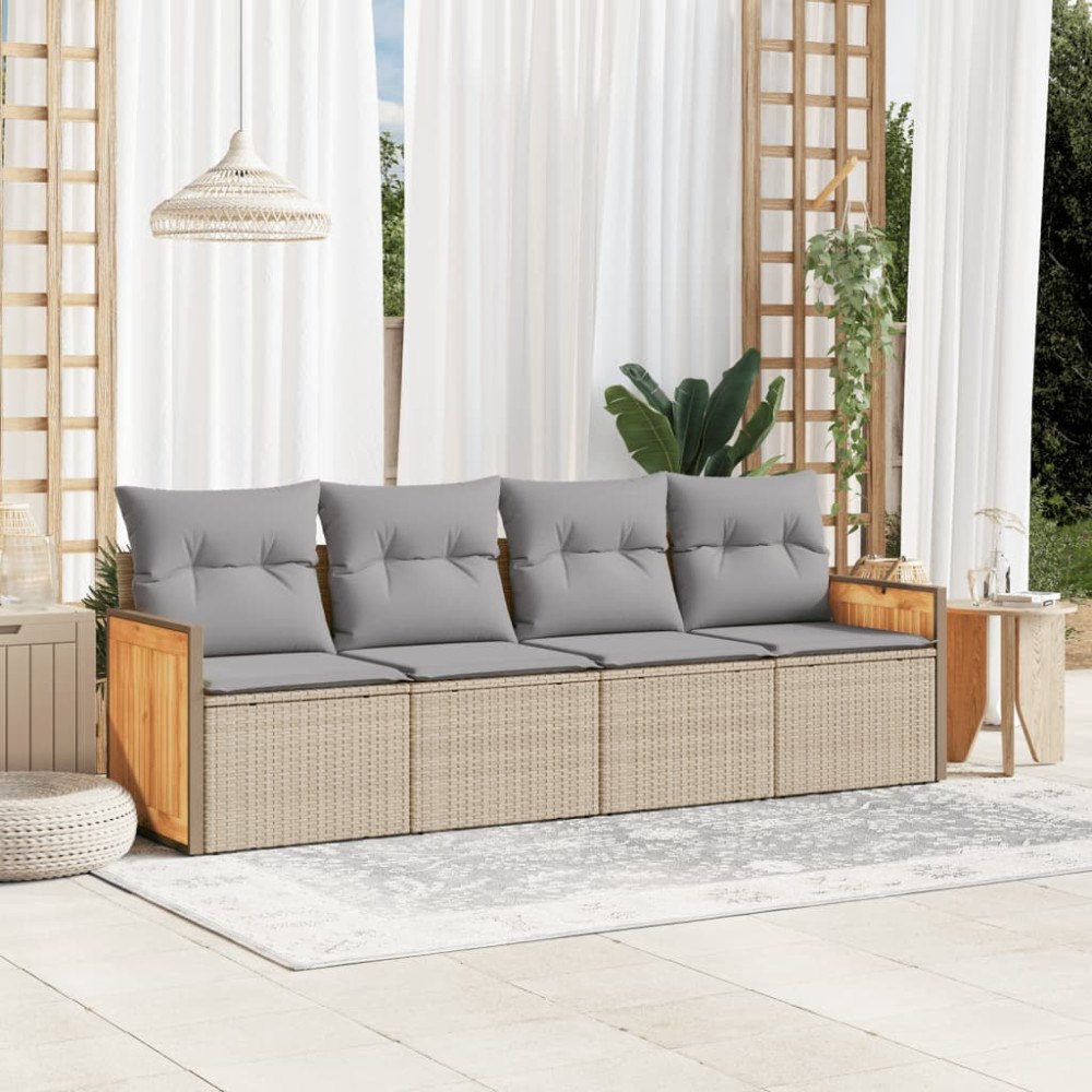 vidaXL Soffgrupp för trädgård med dynor 4 delar beige konstrotting