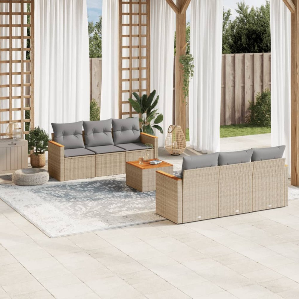 vidaXL Matgrupp för trädgården med dynor 7 delar beige konstrotting