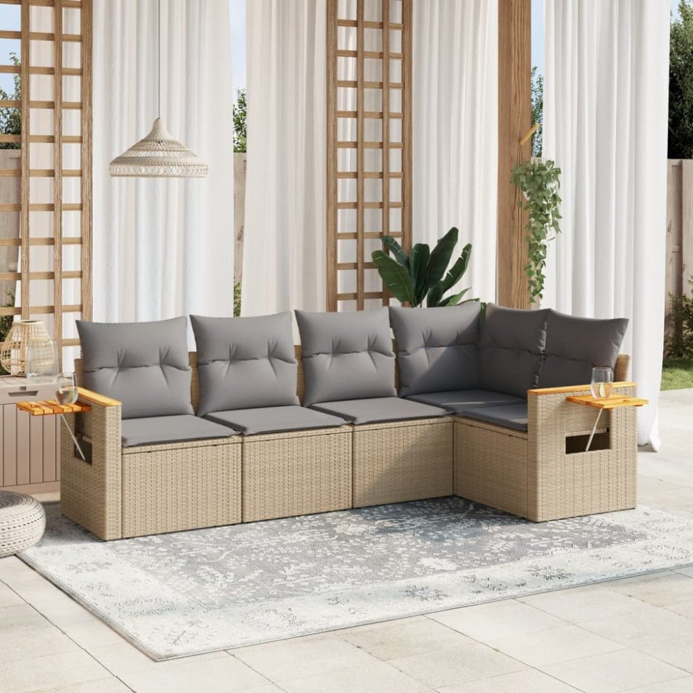 vidaXL Soffgrupp för trädgården med dynor 5 delar beige konstrotting