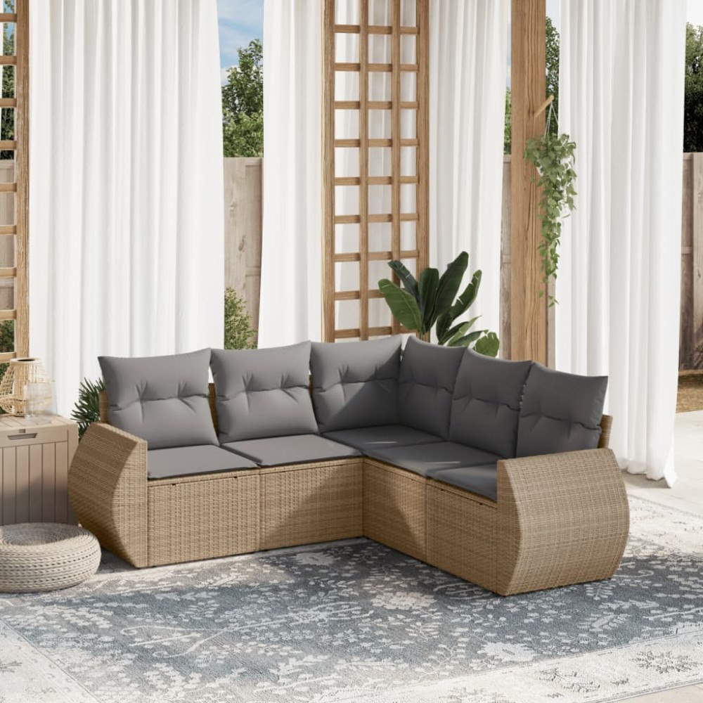 vidaXL Soffgrupp för trädgården med dynor 5 delar beige konstrotting