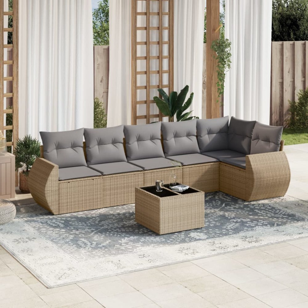 vidaXL Matgrupp för trädgården med dynor 7 delar beige konstrotting