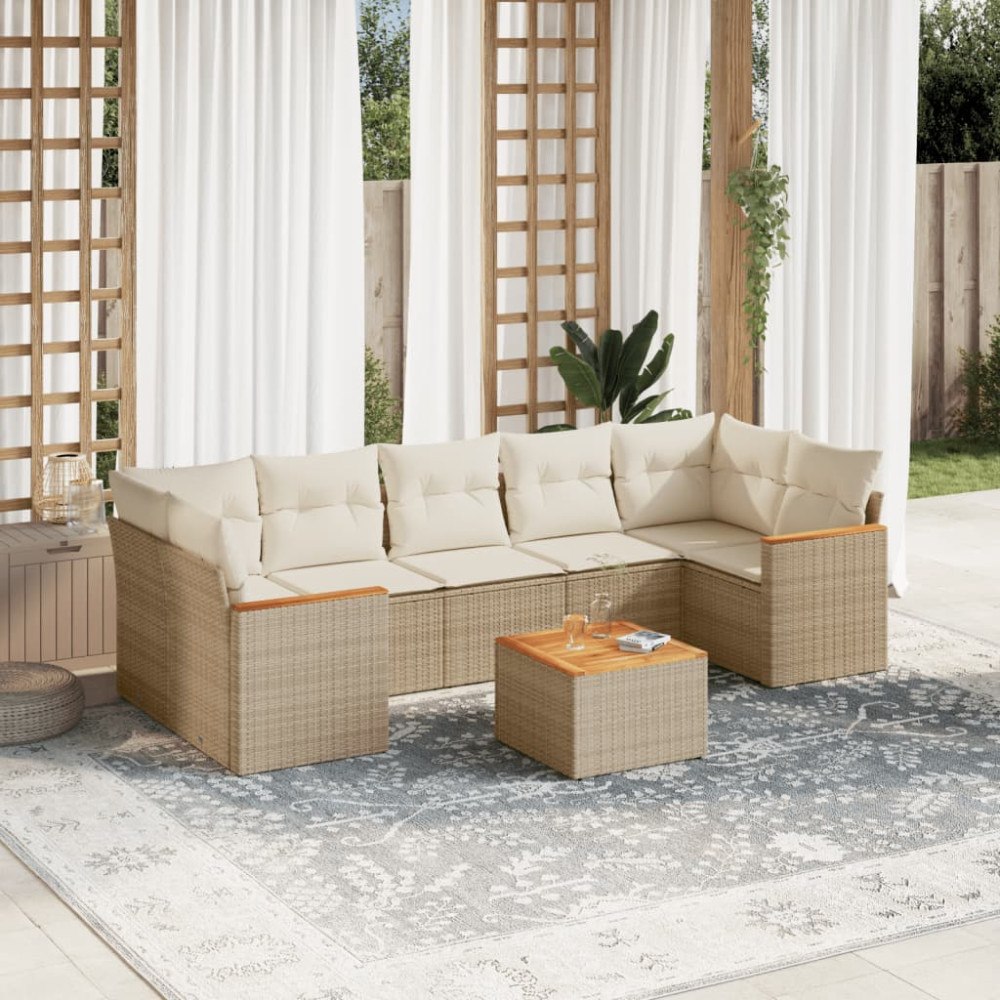 vidaXL Matgrupp för trädgården med dynor 8 delar beige konstrotting