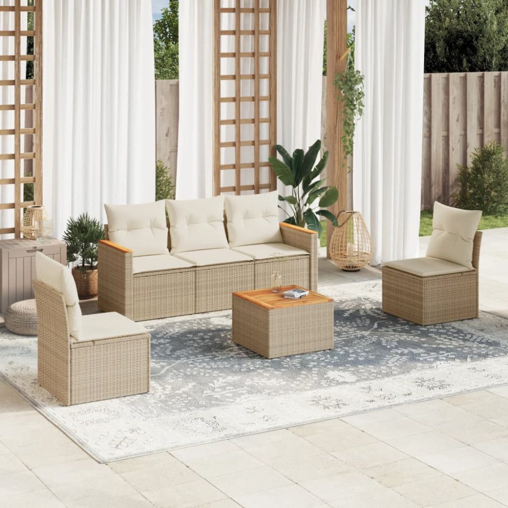 vidaXL Soffgrupp för trädgården med dynor 6 delar beige konstrotting