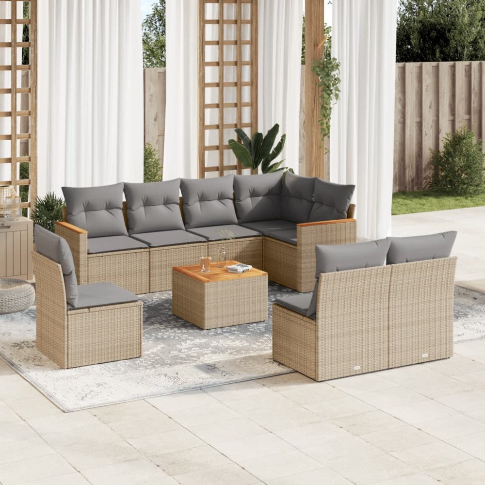 vidaXL Soffgrupp för trädgården med dynor 9 delar beige konstrotting