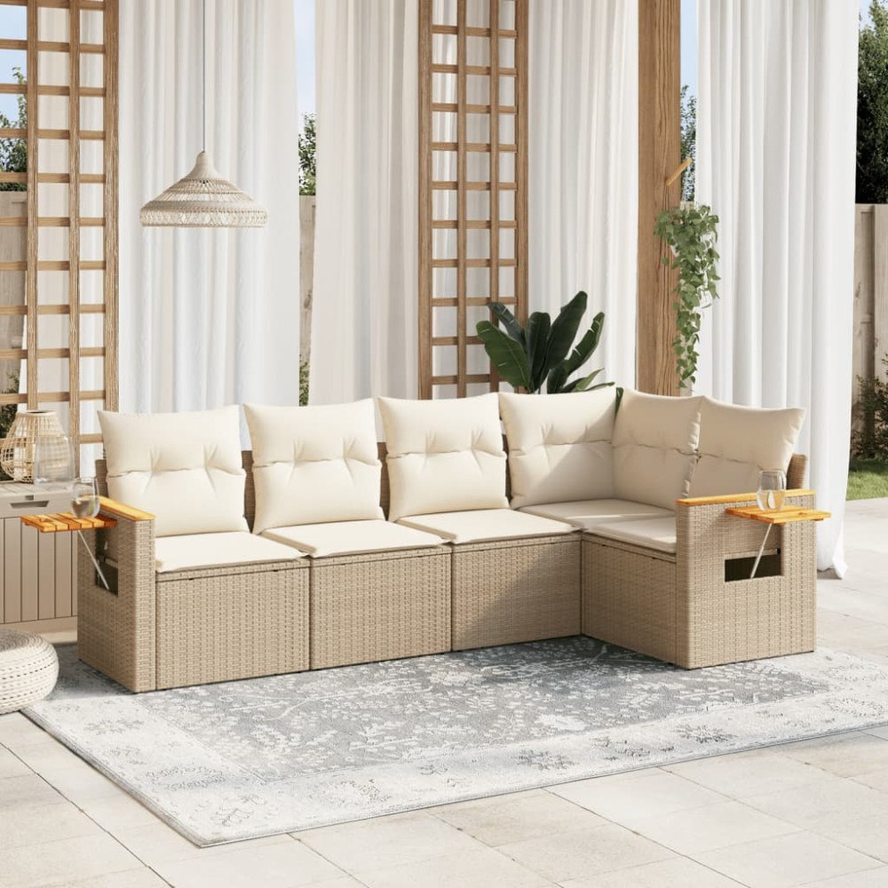vidaXL Soffgrupp för trädgården med dynor 5 delar beige konstrotting