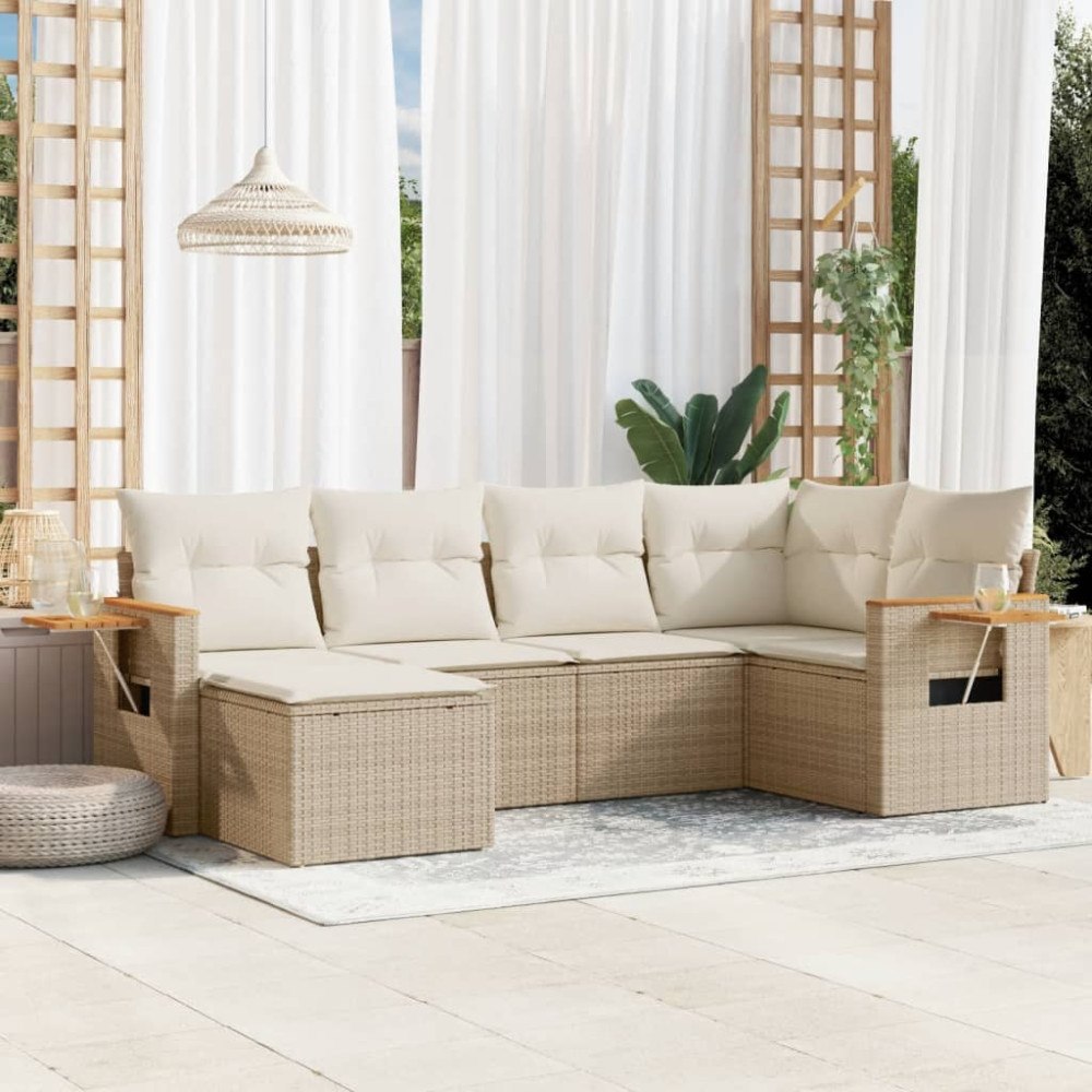 vidaXL Soffgrupp för trädgården med dynor 6 delar beige konstrotting