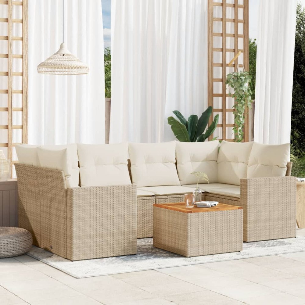 vidaXL Matgrupp för trädgården med dynor 7 delar beige konstrotting