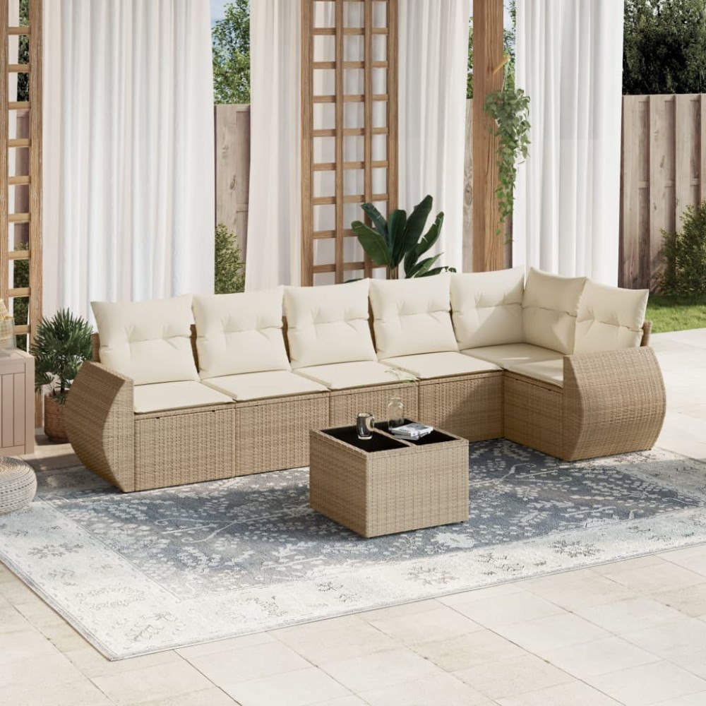 vidaXL Matgrupp för trädgården med dynor 7 delar beige konstrotting