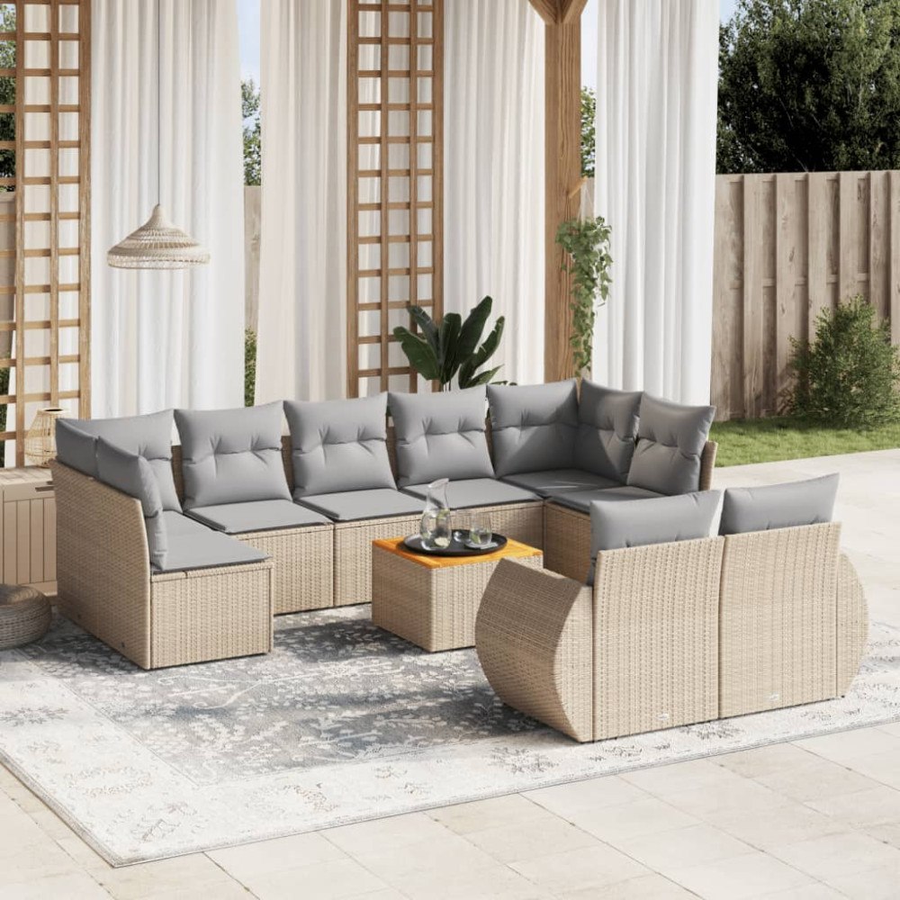 vidaXL Soffgrupp för trädgård med dynor 10 delar beige konstrotting