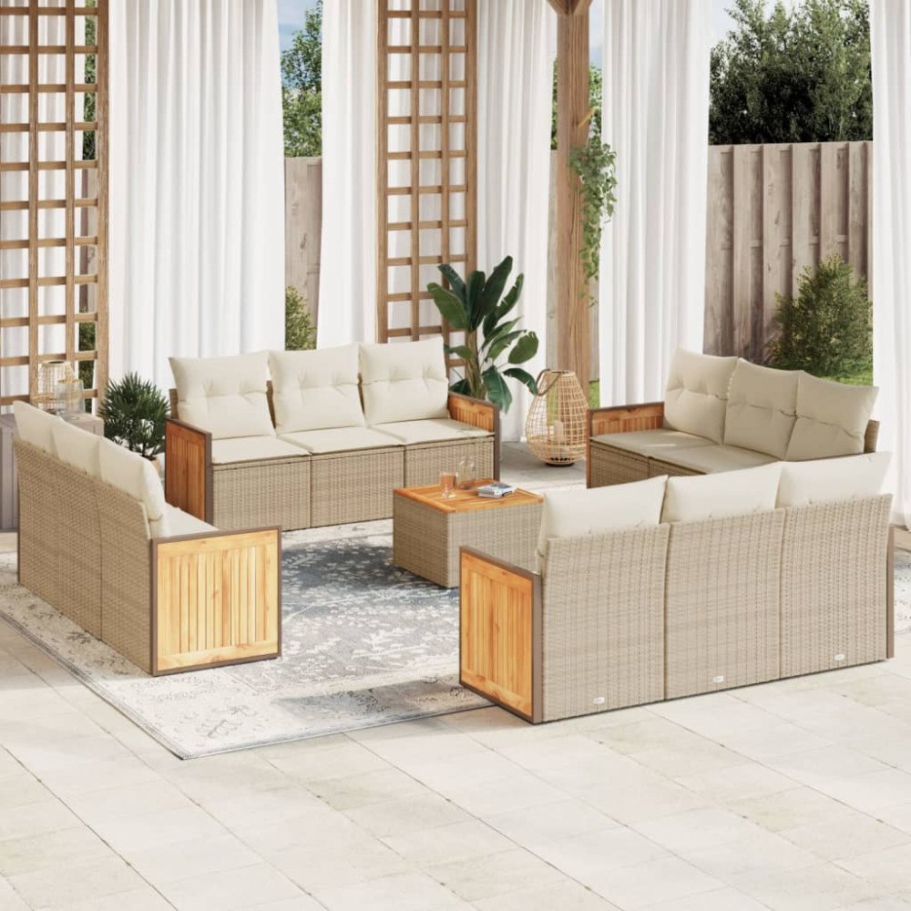 vidaXL Soffgrupp för trädgården med dynor 13 delar beige konstrotting
