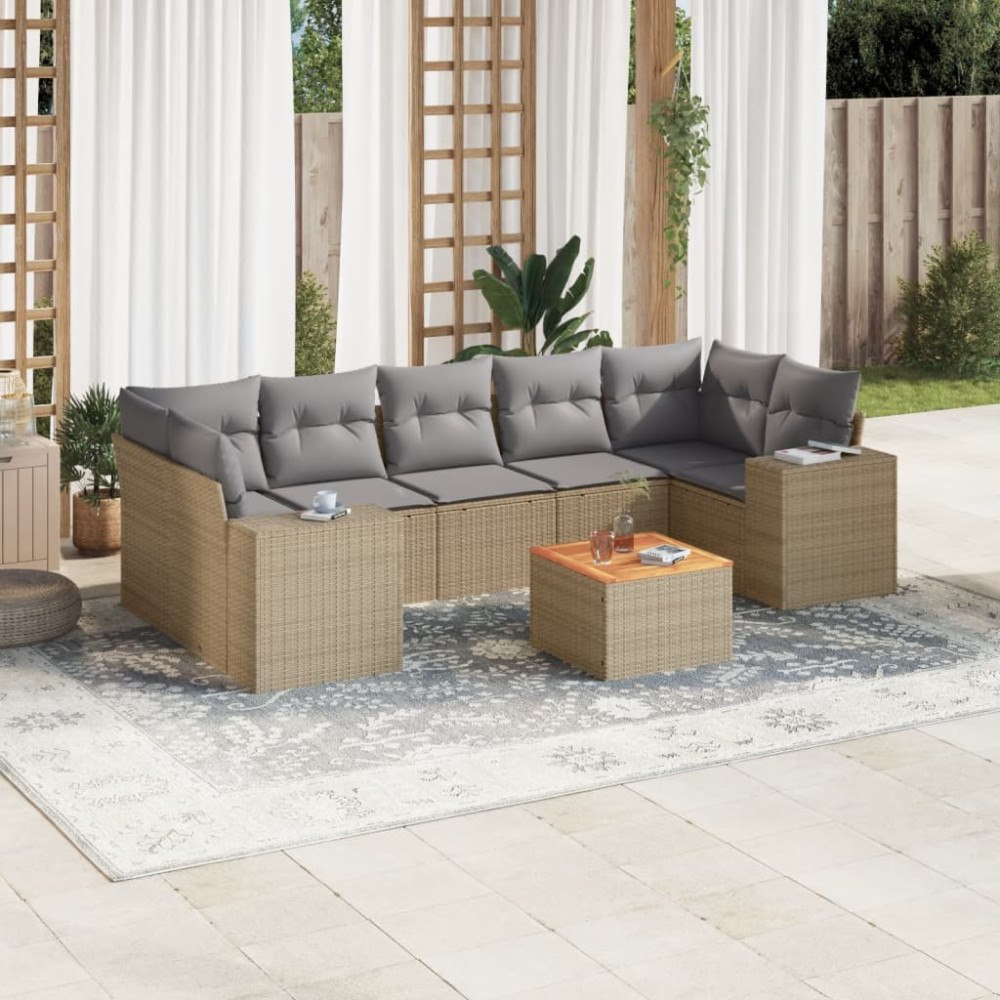 vidaXL Matgrupp för trädgården med dynor 8 delar beige konstrotting