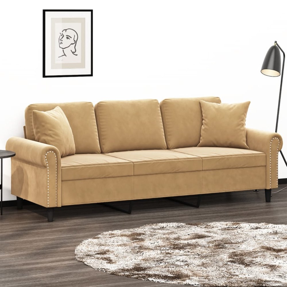 vidaXL 3-sitssoffa med prydnadskuddar brun 180 cm sammet