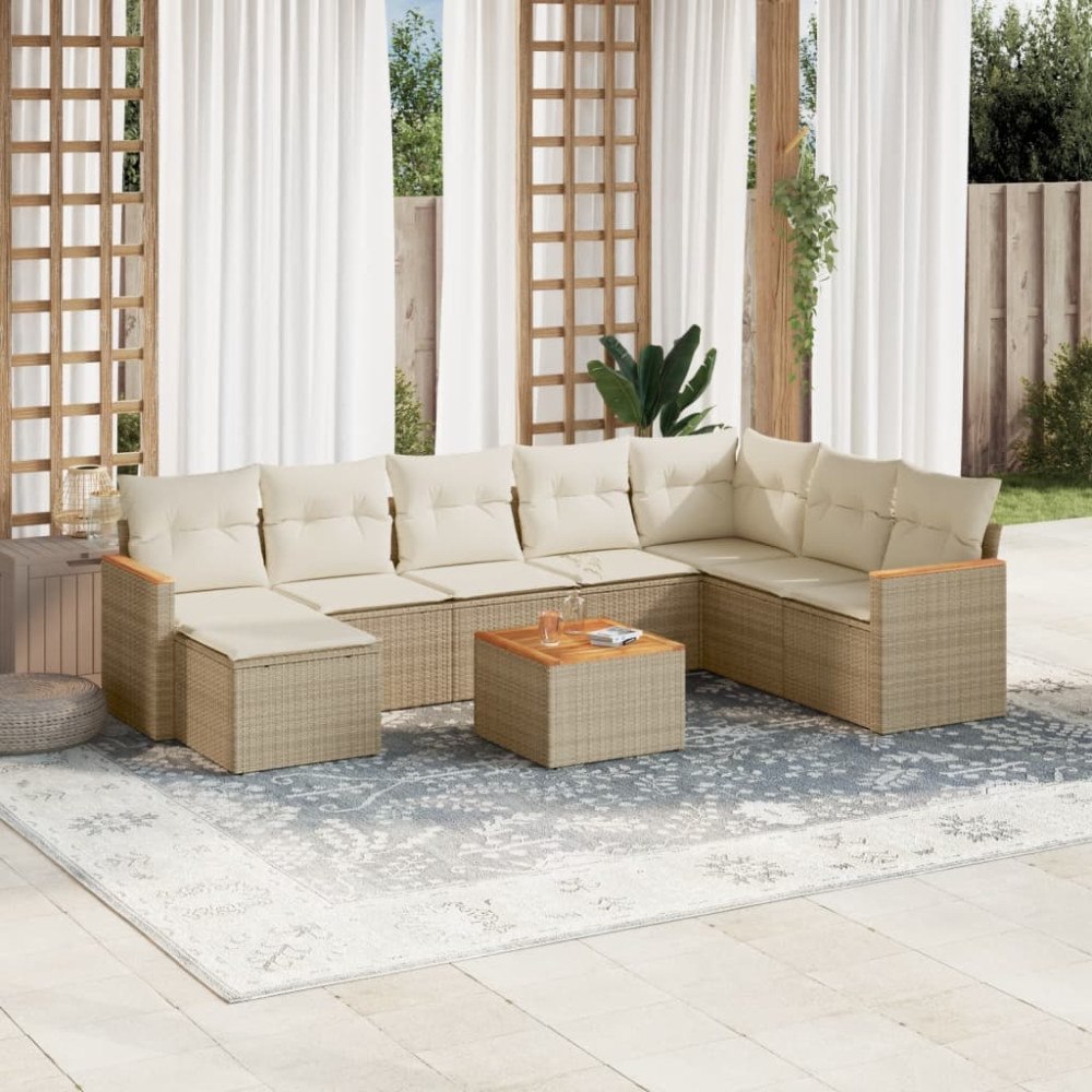vidaXL Soffgrupp för trädgården med dynor 9 delar beige konstrotting