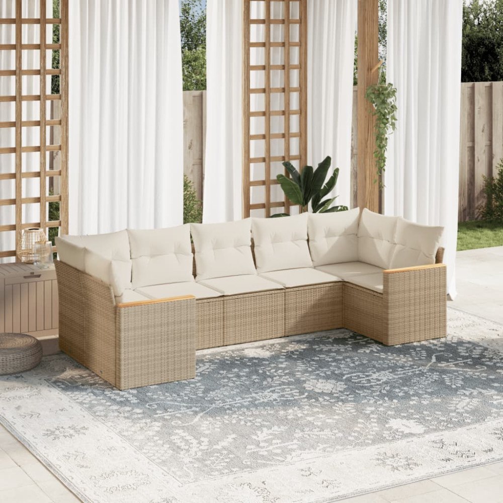 vidaXL Matgrupp för trädgården med dynor 7 delar beige konstrotting