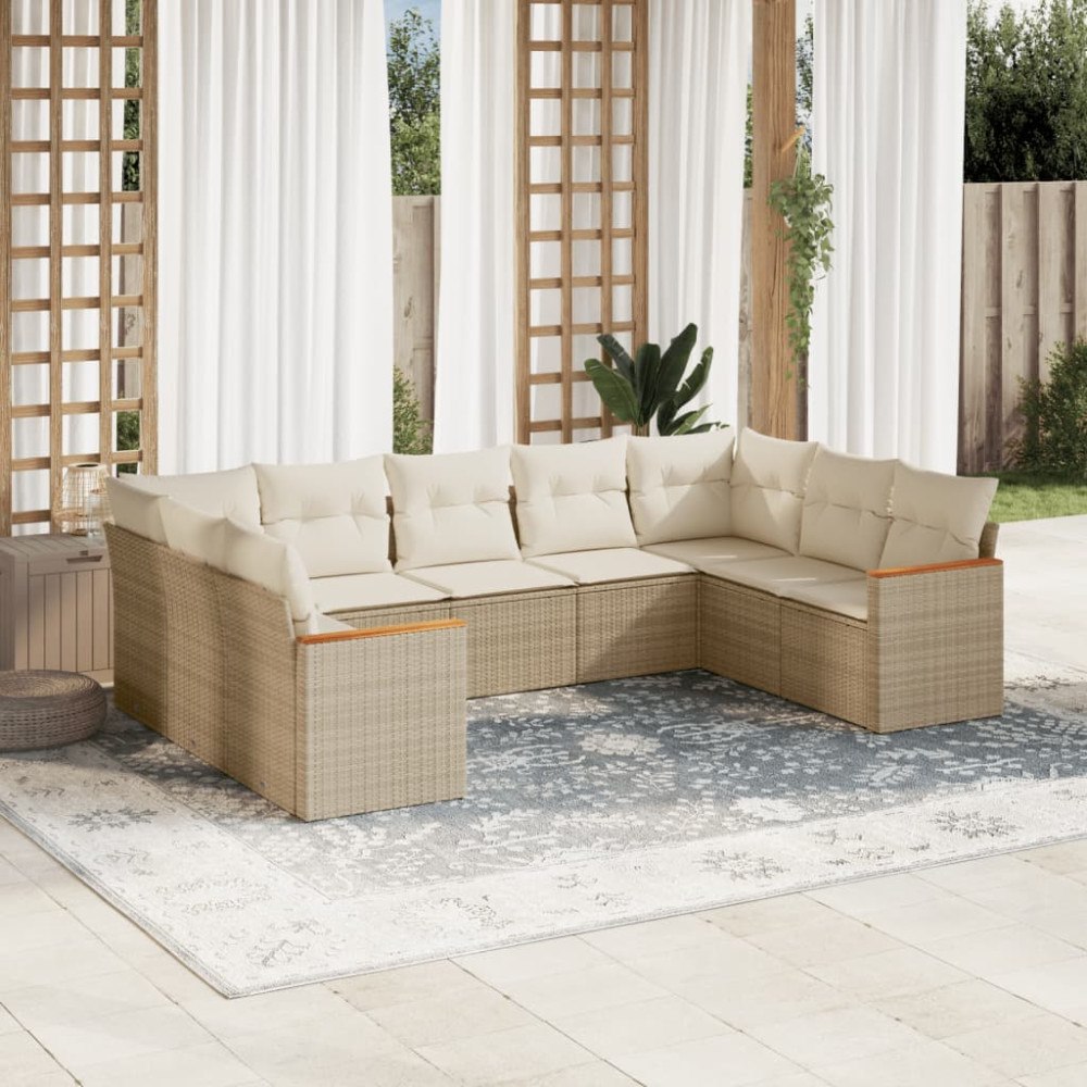 vidaXL Soffgrupp för trädgården med dynor 9 delar beige konstrotting