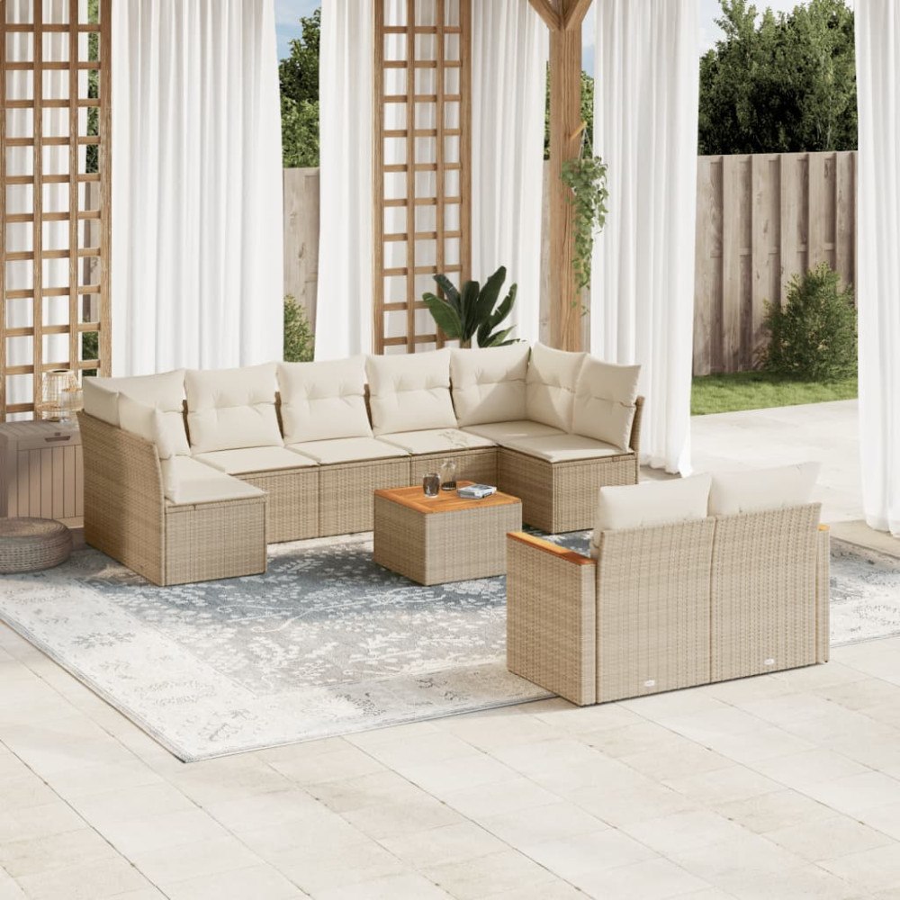 vidaXL Soffgrupp för trädgård med dynor 10 delar beige konstrotting