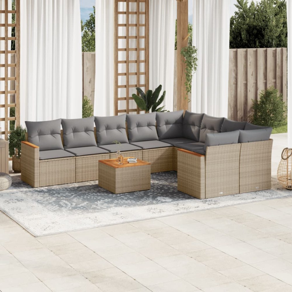 vidaXL Soffgrupp för trädgård med dynor 10 delar mixbeige konstrotting