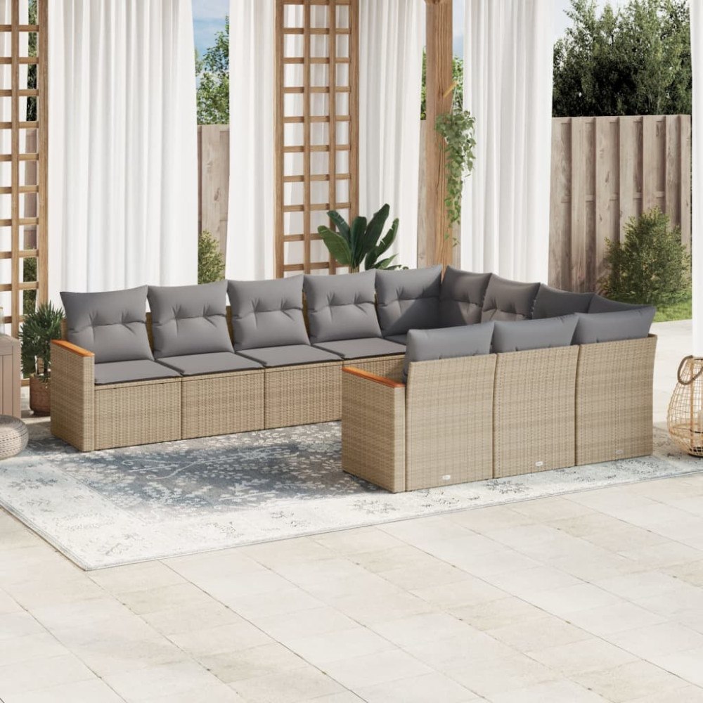 vidaXL Soffgrupp för trädgård med dynor 10 delar mixbeige konstrotting
