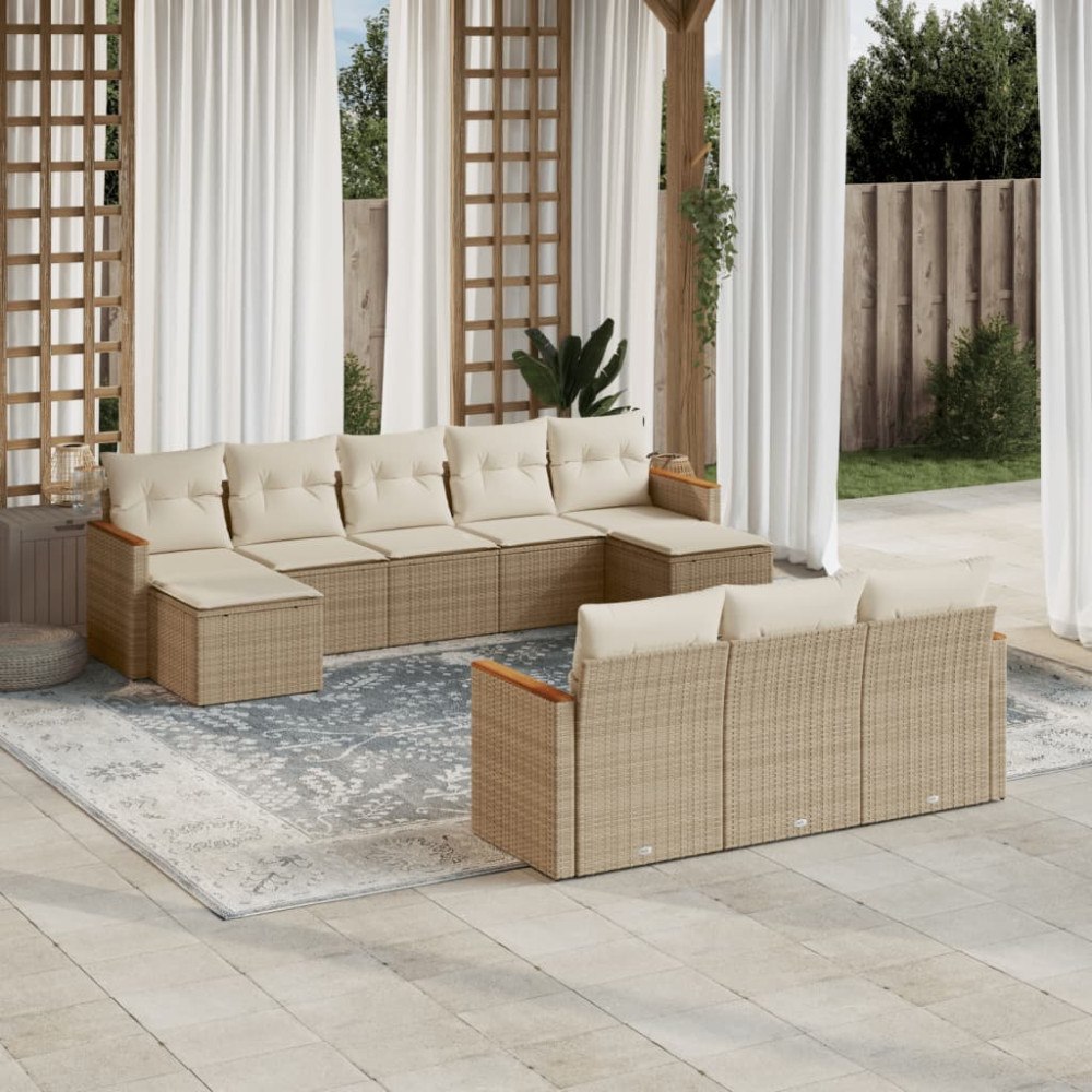 vidaXL Soffgrupp för trädgård med dynor 10 delar beige konstrotting