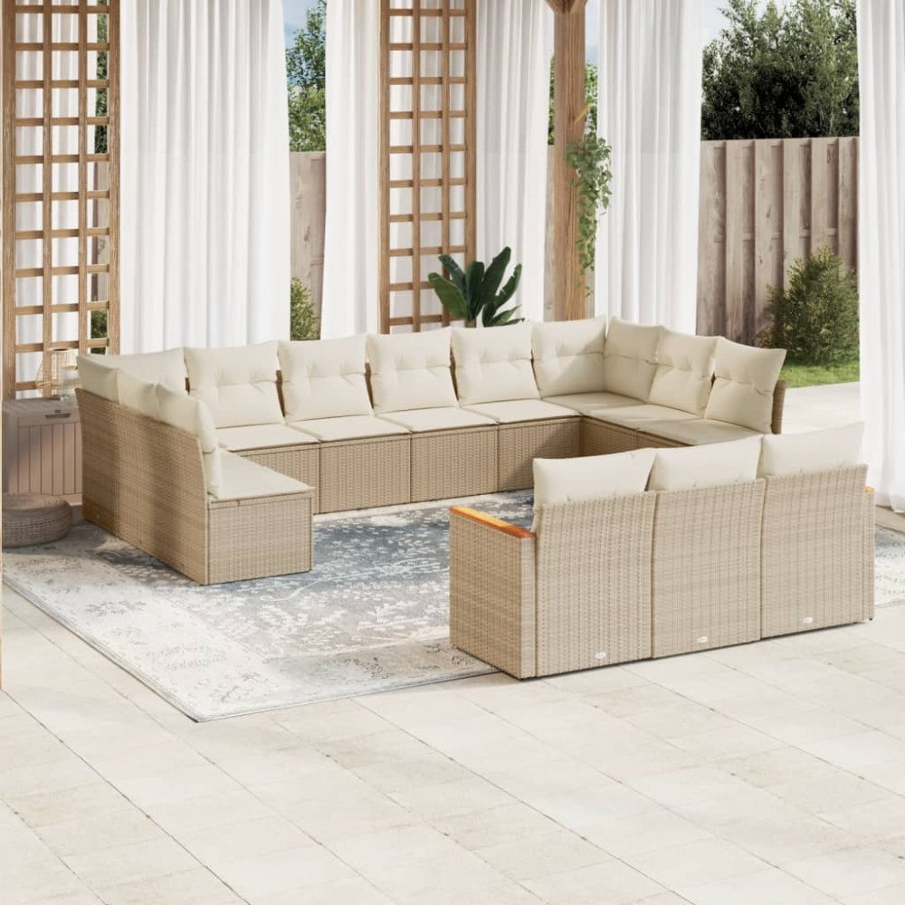 vidaXL Soffgrupp för trädgården med dynor 13 delar beige konstrotting