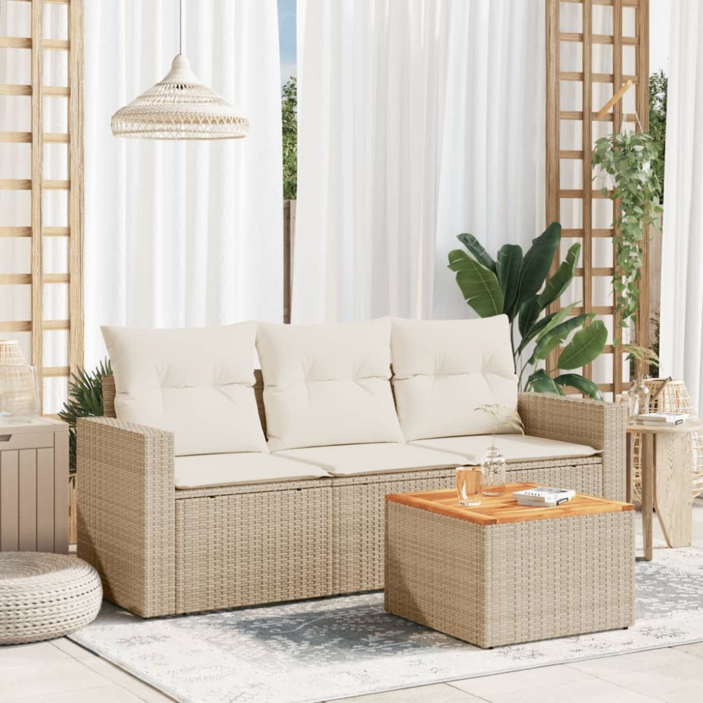 vidaXL Soffgrupp för trädgård med dynor 4 delar beige konstrotting