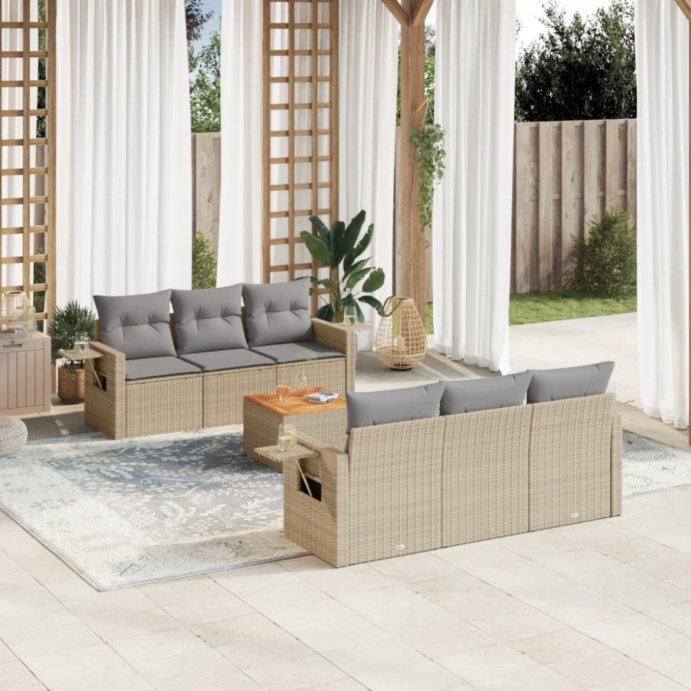 vidaXL Soffgrupp för trädgård med dynor 7 delar mixbeige konstrotting