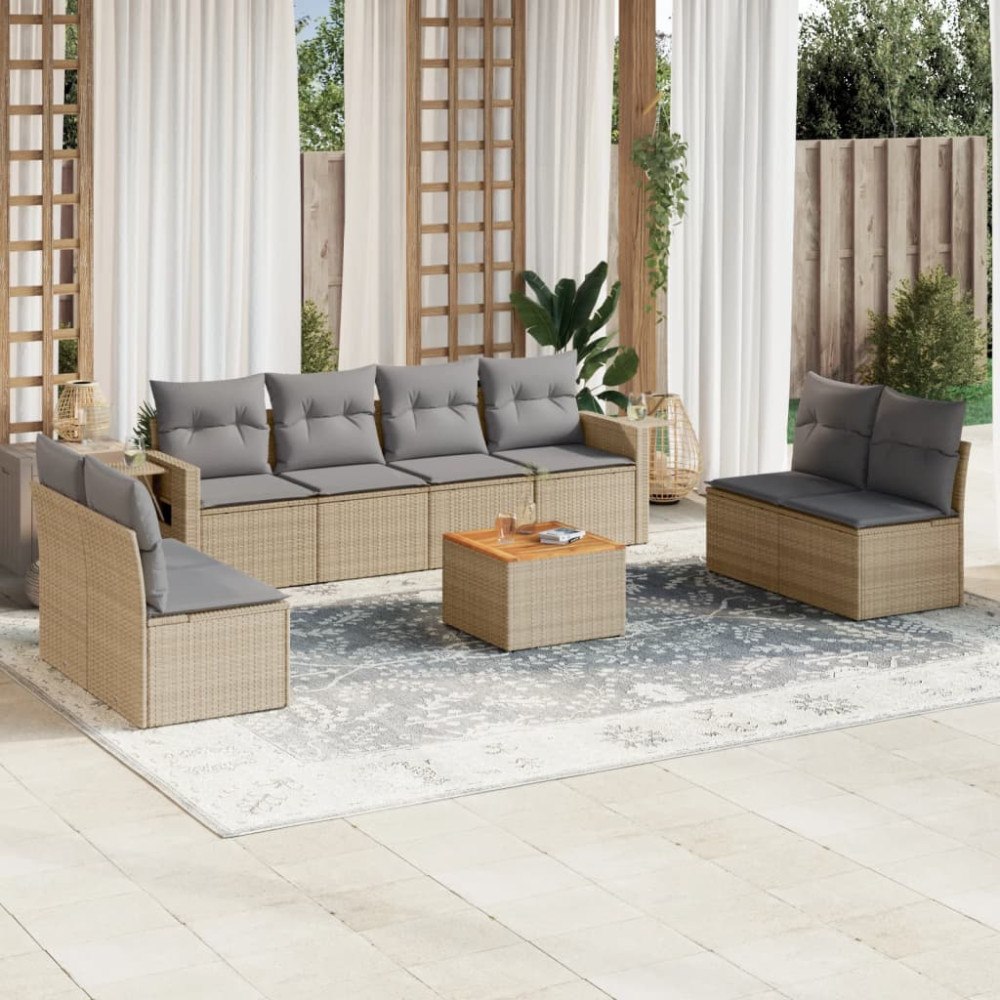 vidaXL Soffgrupp för trädgård med dynor 9 delar mixbeige konstrotting