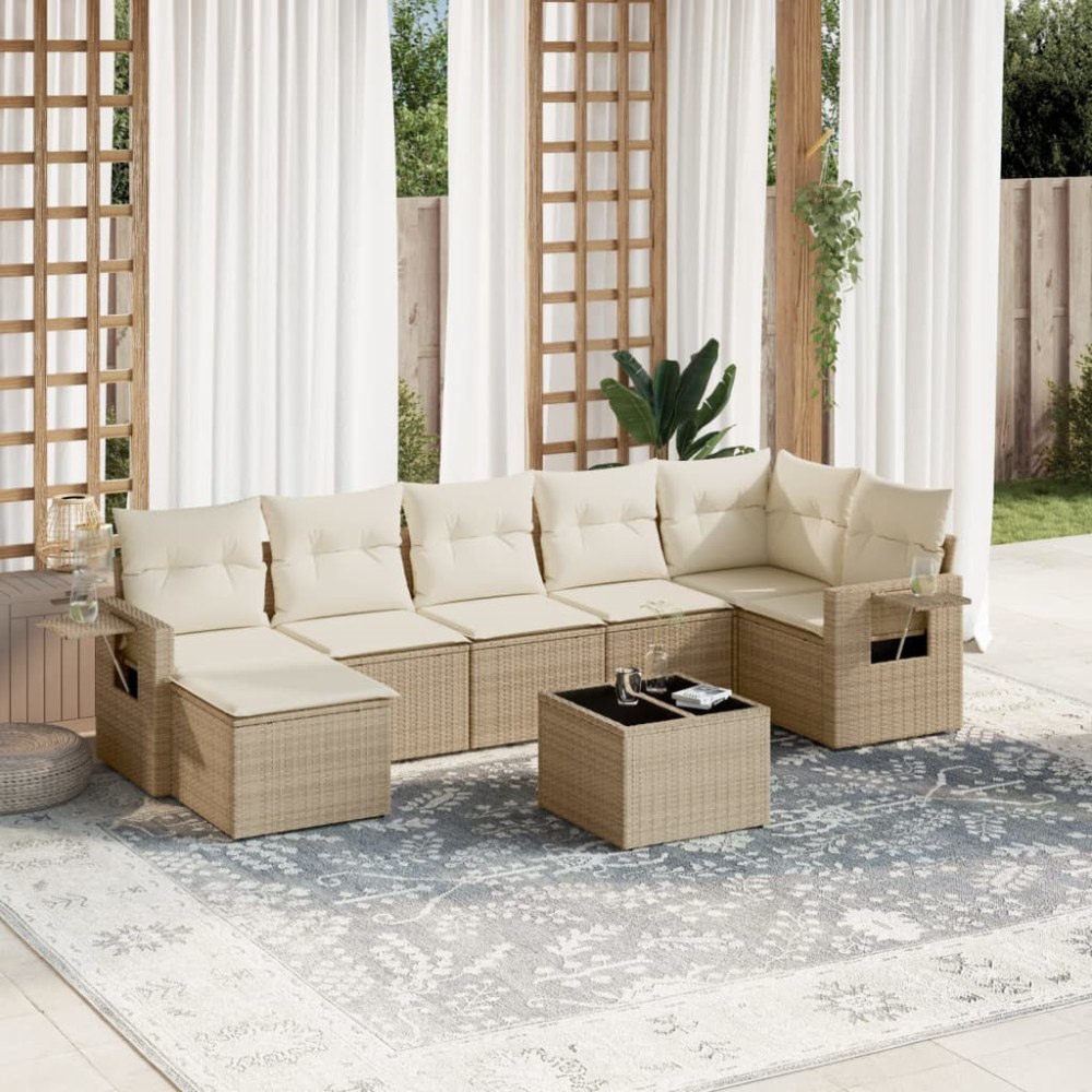 vidaXL Matgrupp för trädgården med dynor 8 delar beige konstrotting