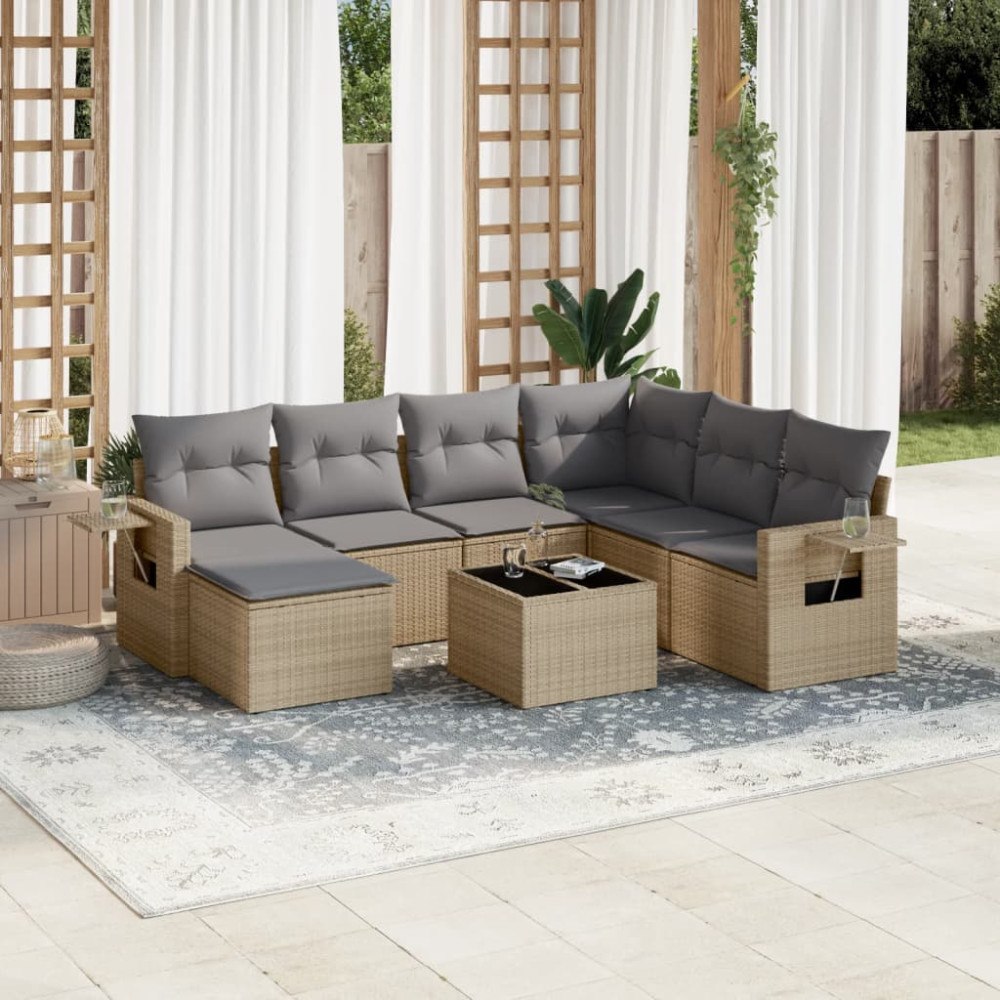 vidaXL Matgrupp för trädgården med dynor 8 delar beige konstrotting
