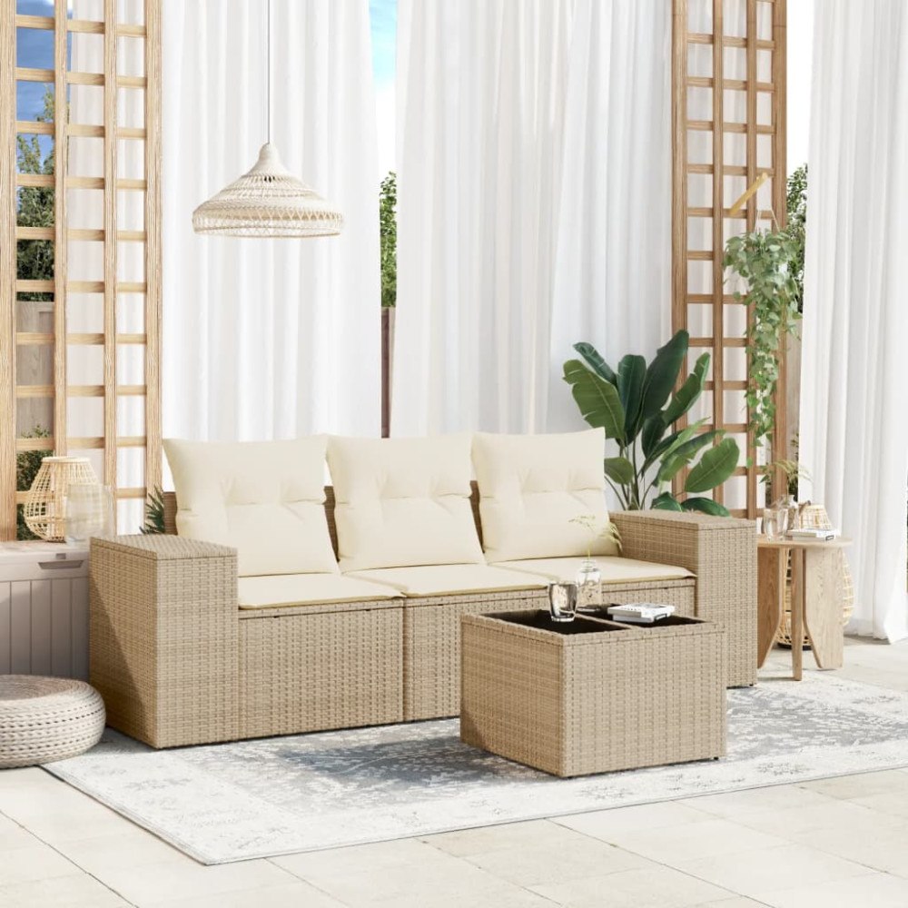 vidaXL Soffgrupp för trädgård med dynor 4 delar beige konstrotting
