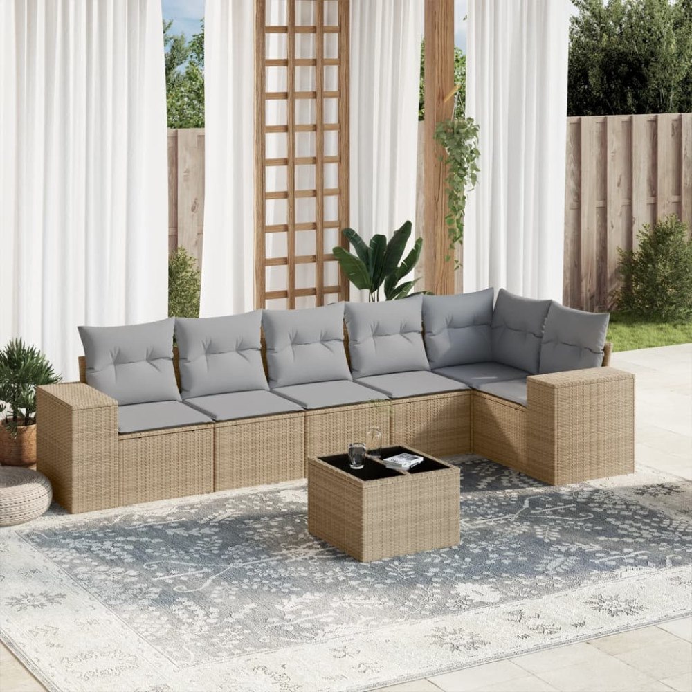 vidaXL Matgrupp för trädgården med dynor 7 delar beige konstrotting