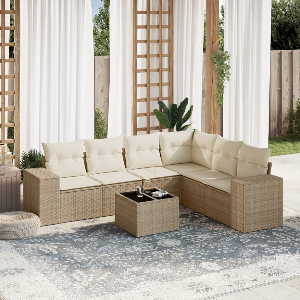 vidaXL Matgrupp för trädgården med dynor 7 delar beige konstrotting