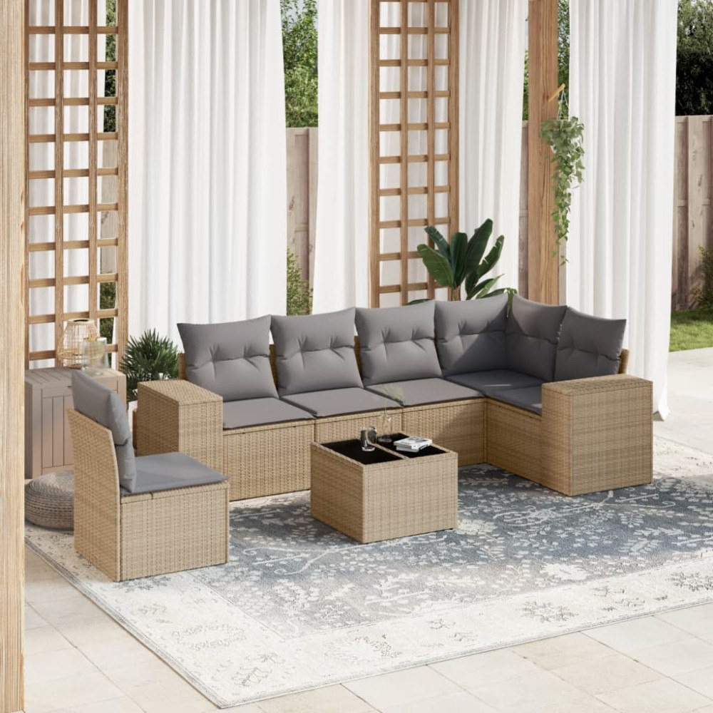 vidaXL Matgrupp för trädgården med dynor 7 delar beige konstrotting
