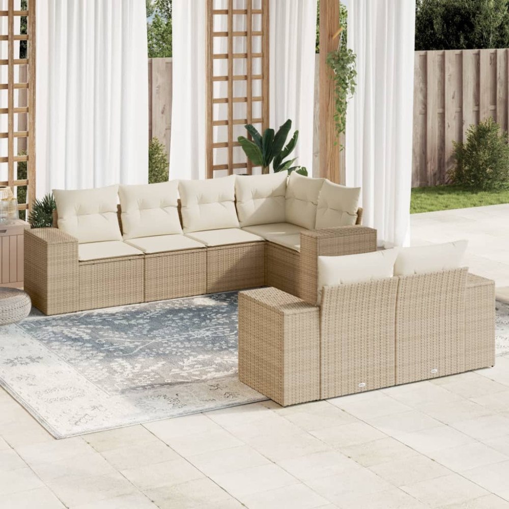 vidaXL Matgrupp för trädgården med dynor 7 delar beige konstrotting