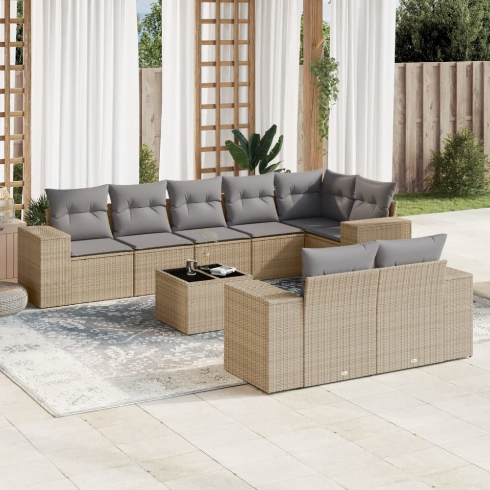 vidaXL Soffgrupp för trädgården med dynor 9 delar beige konstrotting