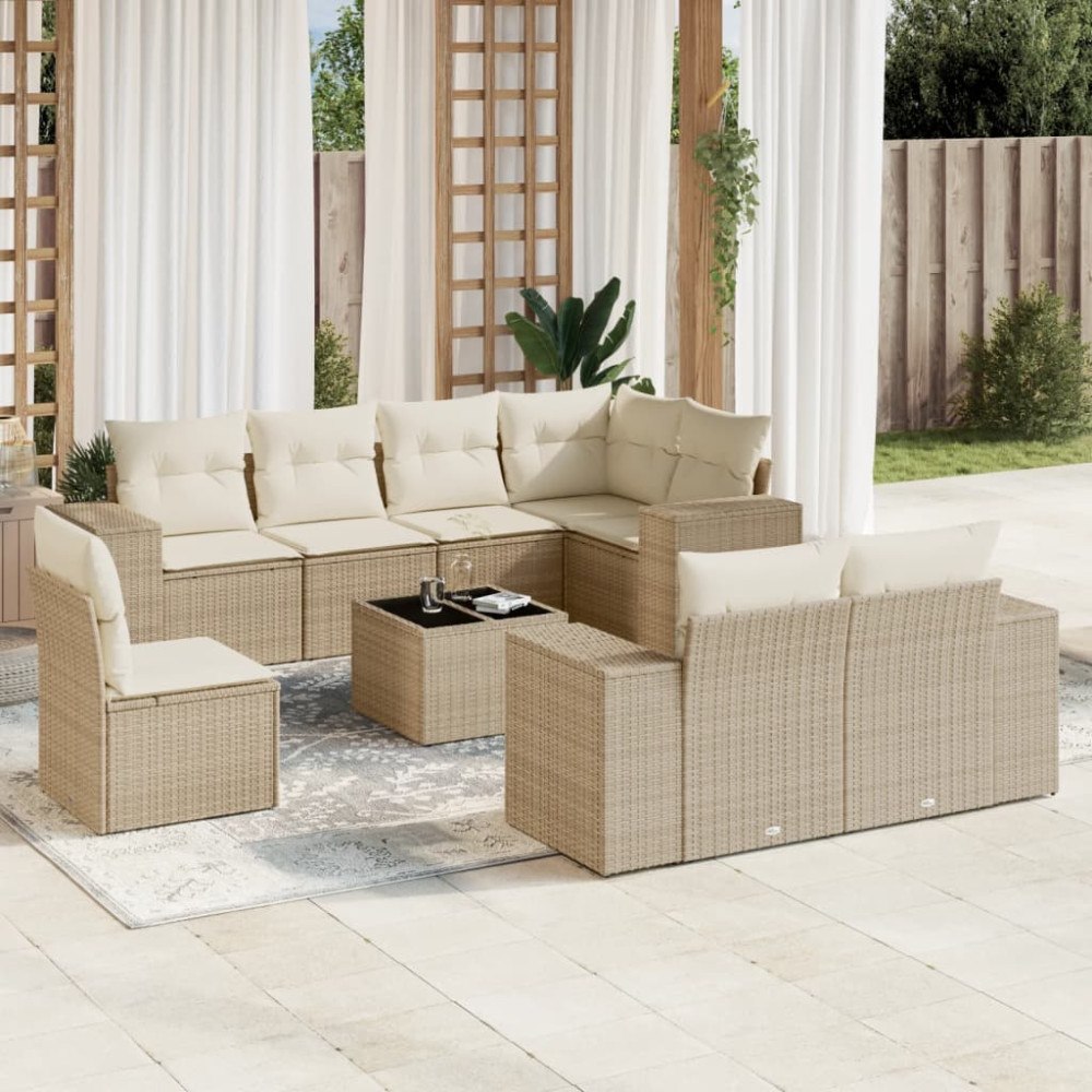vidaXL Soffgrupp för trädgården med dynor 9 delar beige konstrotting