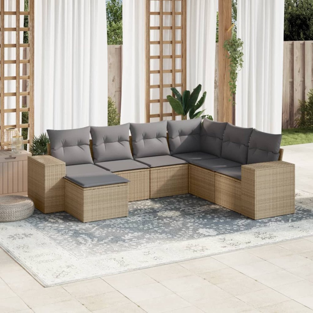 vidaXL Matgrupp för trädgården med dynor 7 delar beige konstrotting
