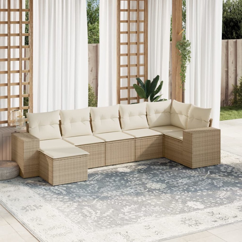 vidaXL Matgrupp för trädgården med dynor 7 delar beige konstrotting