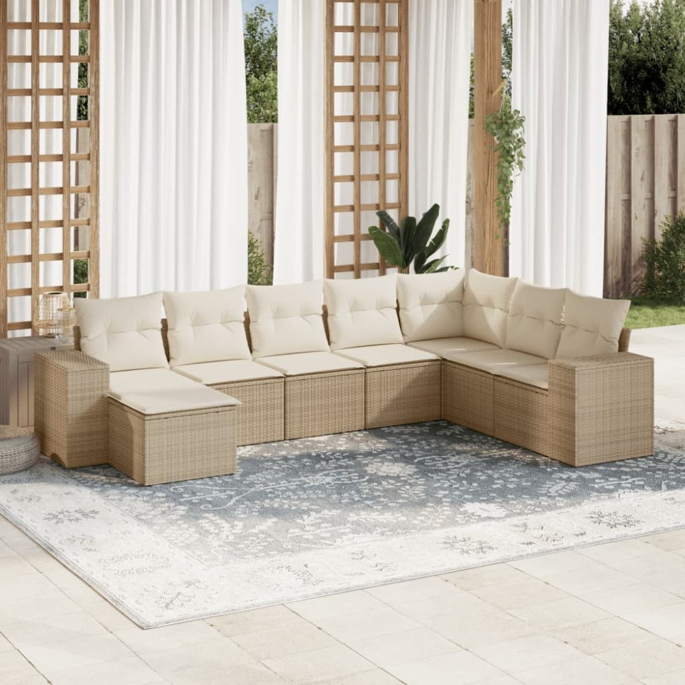 vidaXL Matgrupp för trädgården med dynor 8 delar beige konstrotting
